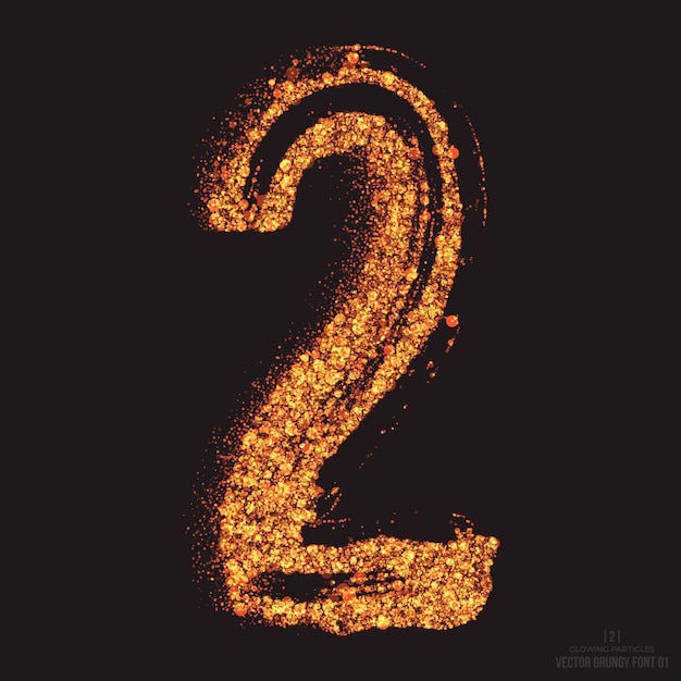 Vector number 2 fire burning text effect font design element on black background. bright golden shimmer scatter particles flame glowing symbol