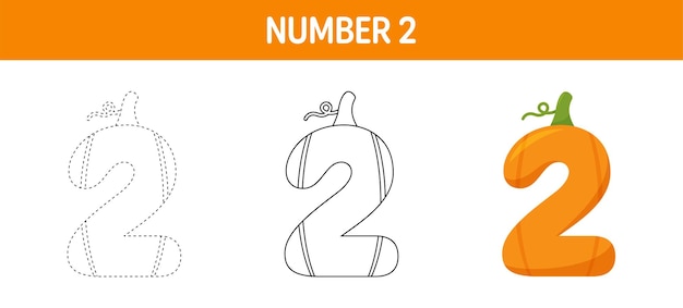 Number 2 Pumpkin tracing and coloring worksheet for kids