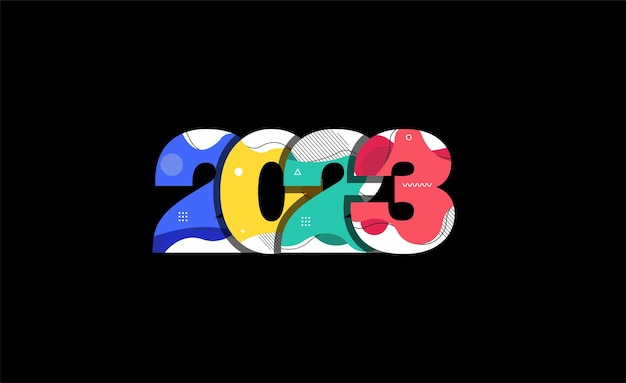 Number 2023 happy new year with abstract liquid shapes design modern graphic elements Vector illustration template