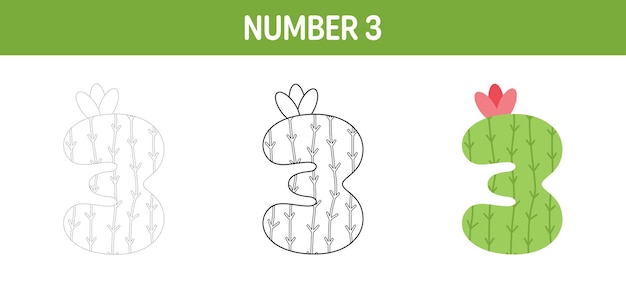 Number 3 tracing and coloring worksheet for kids