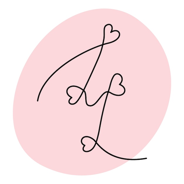 Vector number 4 handwritten in one continuous line with hearts against a background of trendy pink vector