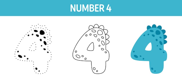 Number 4 tracing and coloring worksheet for kids