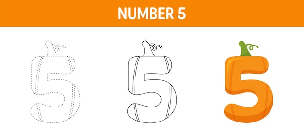 Number 5 Pumpkin tracing and coloring worksheet for kids