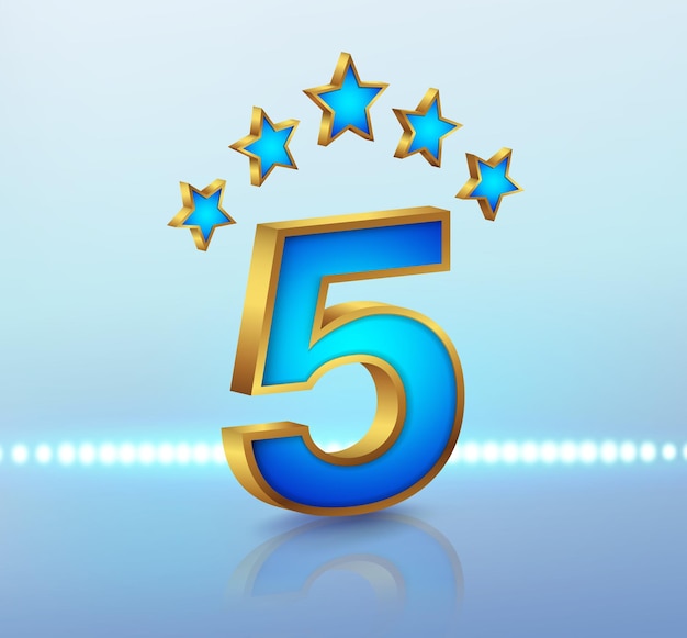 Number 5 with five gold rimmed crystal stars Isolated on a light blue background