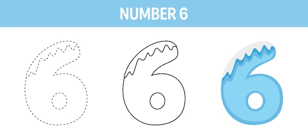 Number 6 Snow tracing and coloring worksheet for kids