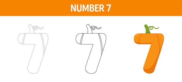 Number 7 Pumpkin tracing and coloring worksheet for kids