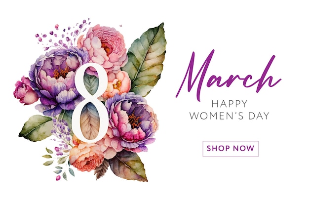 Number 8 watercolor flowers on white background Flower vector greeting card for 8 March Banner for the International Women's Day