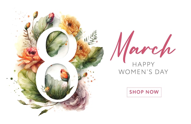 Number 8 watercolor flowers on white background Flower vector greeting card for 8 March Banner for the International Women's Day