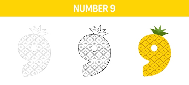 Number 9 tracing and coloring worksheet for kids