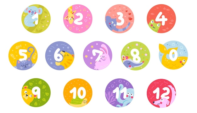 Number cards with animals for kids learning and education Colorful stickers for preschool children