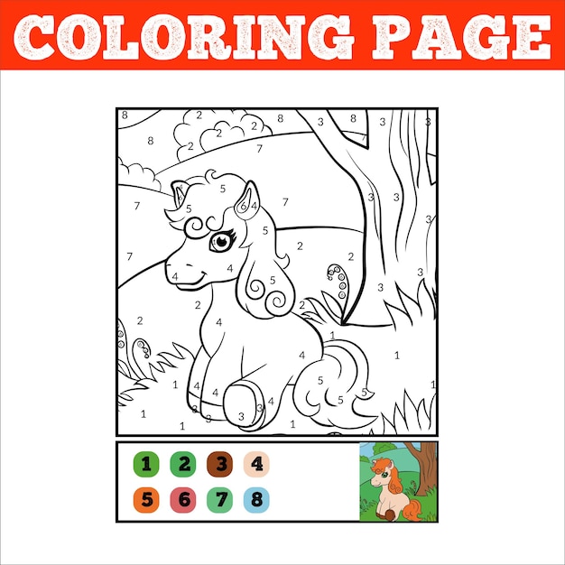 Number coloring page for children. Cute cartoon Jungle animals. Learn numbers and colors.