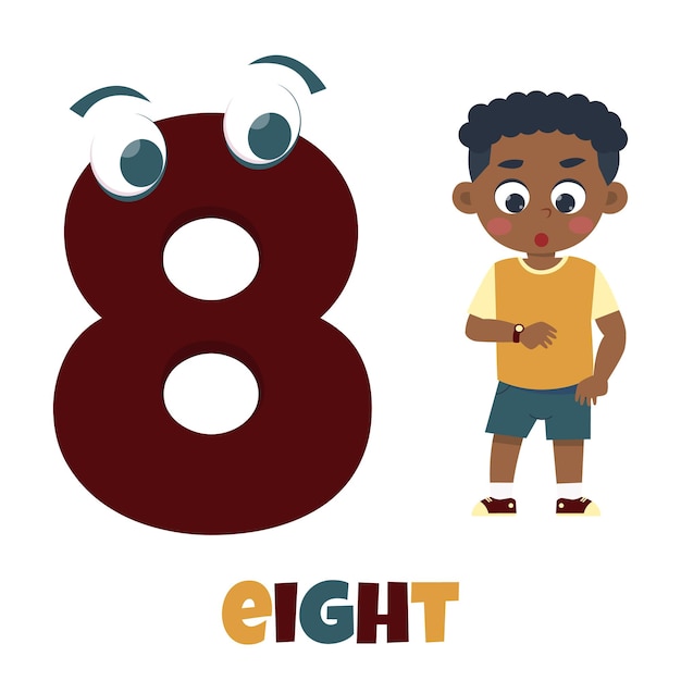 A number eight with a boy standing next to him.