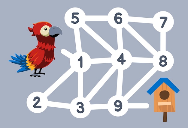 Number maze for children help parrot move to bird house printable animal worksheet