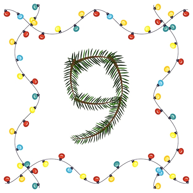 Vector number nine from green christmas tree branches. festive font and frame from garland, symbol of happy new year and christmas, character for date decoration