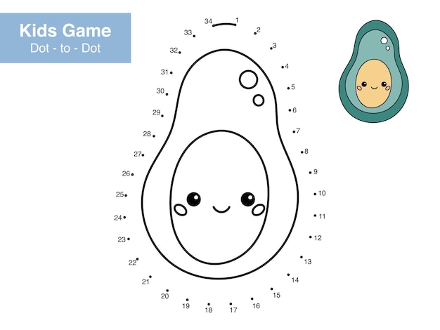 Number puzzle game Dot to dot Cute kawaii avocado with funny face