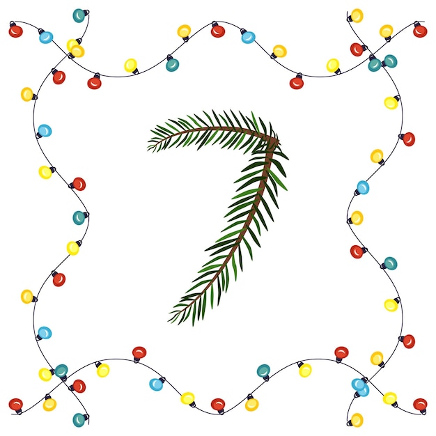 Vector number seven from green christmas tree branches. festive font and frame from garland, symbol of happy new year and christmas, character for date decoration