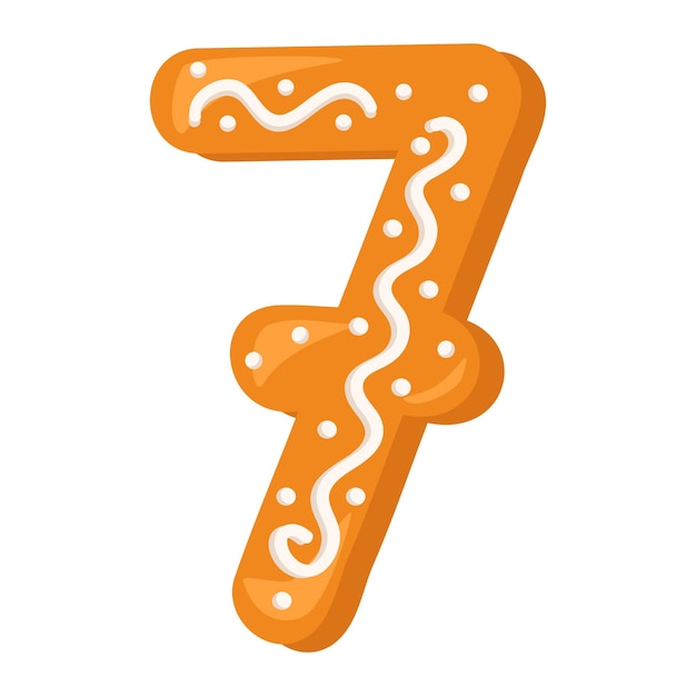 Number seven made from glazed gingerbread Festive font symbol of Happy New Year and Christmas sign and numeral of different shapes Vector flat illustration