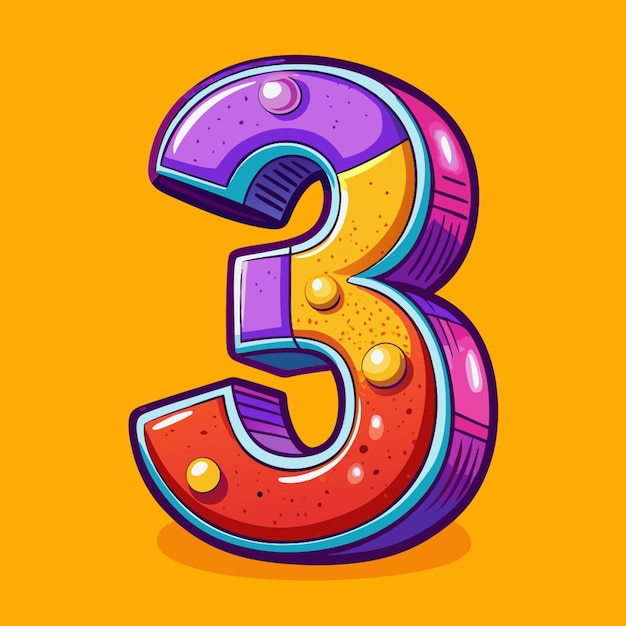 Vector number three in orange and purple colours yellow background vector illustration cartoon