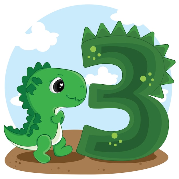 Numbers 3 in the style of cute baby dino tyrannosaurus