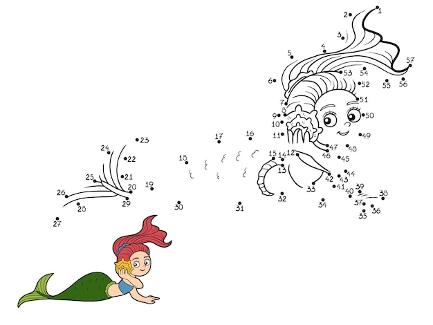 Numbers dot to dot game for children, cute mermaid and shell