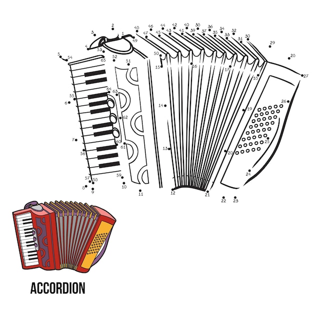 Numbers dot to dot game for children musical instruments accordion