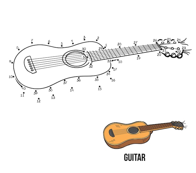 Numbers dot to dot game for children musical instruments guitar