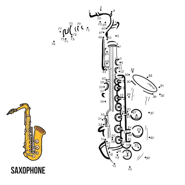 Numbers dot to dot game for children musical instruments saxophone