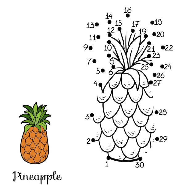 Numbers dot to dot game fruits and vegetables pineapple