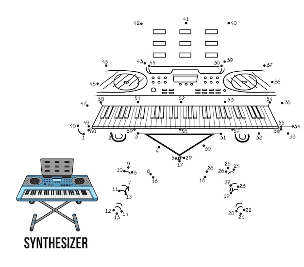 Numbers game dot to dot education game for children cartoon musical instrument synthesizer