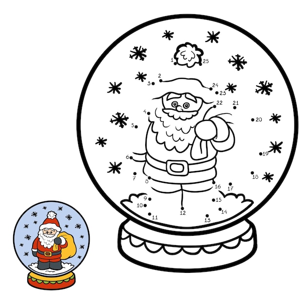 Numbers game, education dot to dot game for children, winter Snowball with Santa Claus