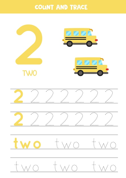 Numbers and letters tracing practice. Writing number two and the word two. Cartoon school buses.