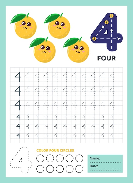 Numbers tracing practice Writing number four Tracing worksheet with cute four oranges