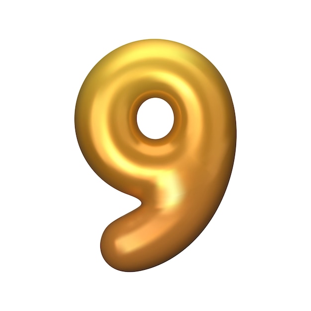 Numeral 9 Golden Plastic Balloon Number nine Isolated on White Background 3D Style Vector Illustration