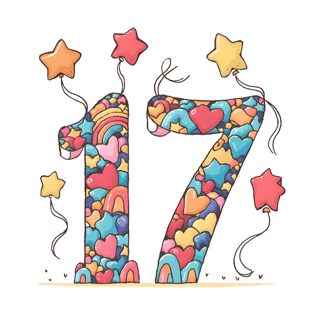 Numeric Digit 17 Vector Illustration Typography of Number 17 with Playful Shapes and Balloon