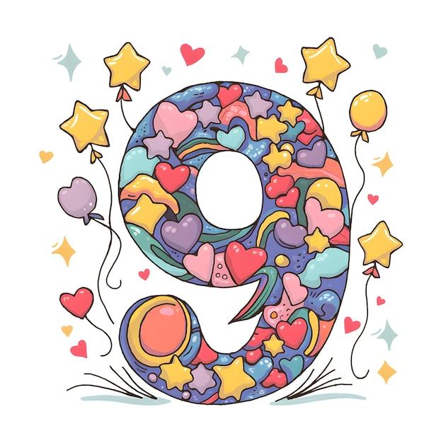 Numeric Digit 9 Vector Illustration Typography of Number 9 with Playful Shapes and Star Balloon