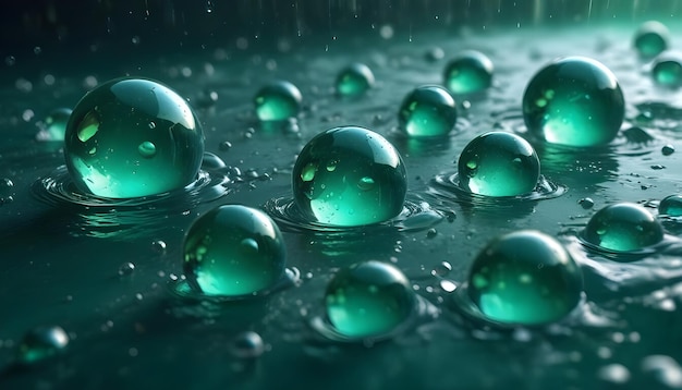 Numerous emerald green water drops some forming perfect spheres sit on a reflective surface with smaller droplets raining down