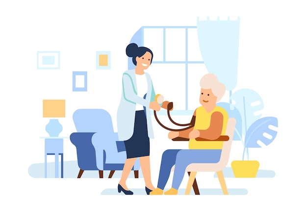 Nurse cares for old people Senior patients assistance Caregiver measures pressure of grandmother Nursing home Grandparent sitting in armchair Help to pensioner Vector concept