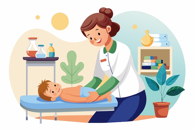 A nurse gently examines a young boy on an examination table in a pediatric clinic filled with plants and colorful decor promoting a warm atmosphere