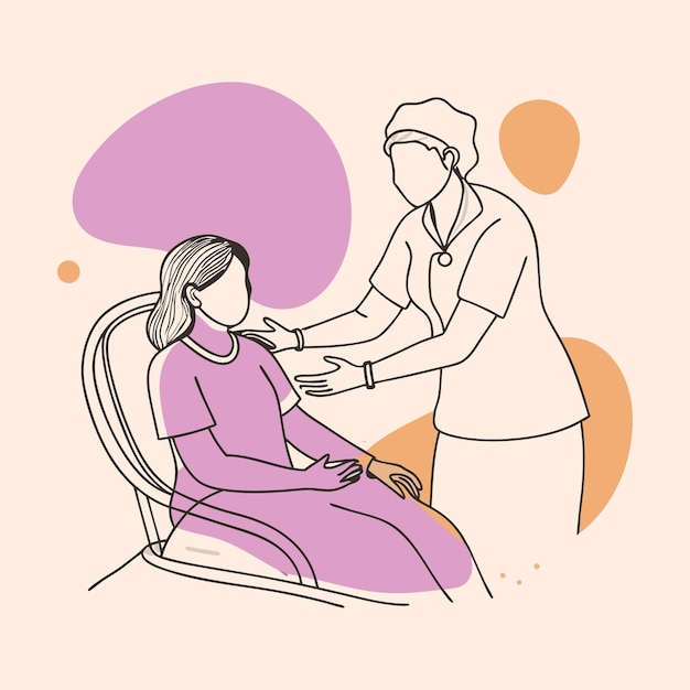 Nurse helping patient Hand drawn style Line art flat vector illustration