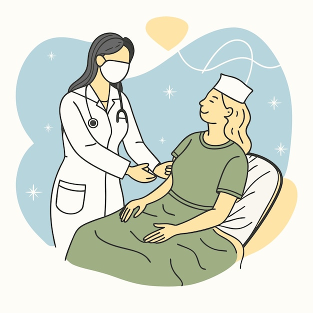 Nurse helping patient Hand drawn style Line art flat vector illustration