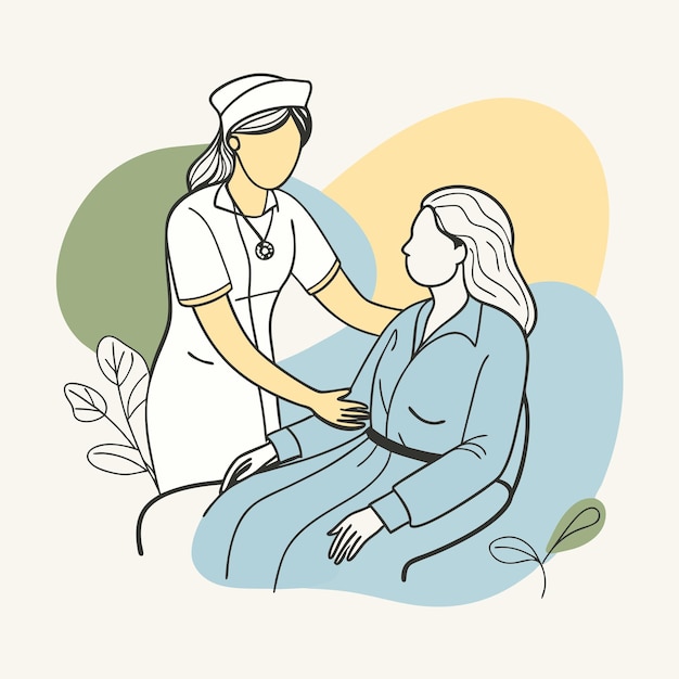 Nurse helping patient Hand drawn style Line art flat vector illustration