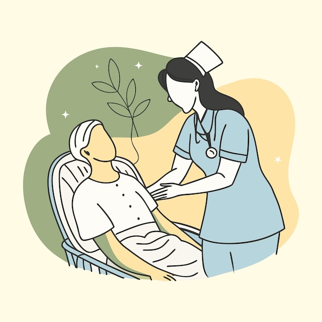 Nurse helping patient Hand drawn style Line art flat vector illustration