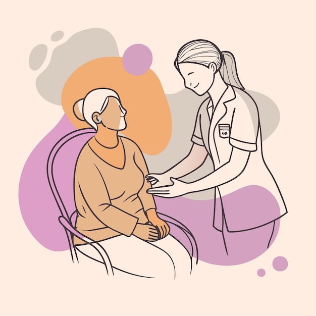 Nurse helping patient Hand drawn style Line art flat vector illustration