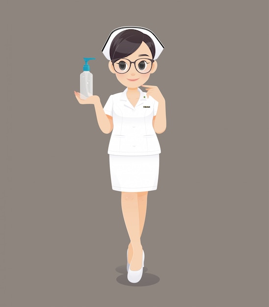 The nurse holding hand washing gel. Cartoon woman doctor or nurse wearing brown glasses in a white uniform