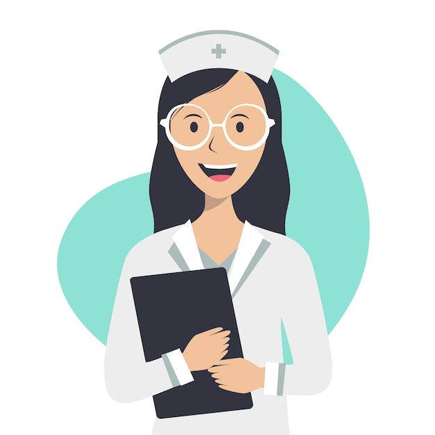 The nurse holds a medical record and smile on a white background