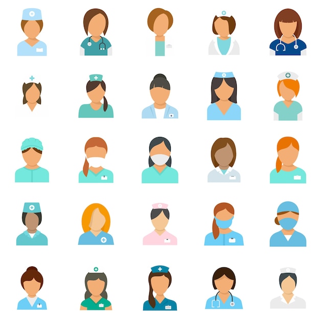 Nurse icons set. Flat set of nurse vector icons isolated on white background