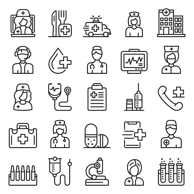 Nurse icons set, outline style