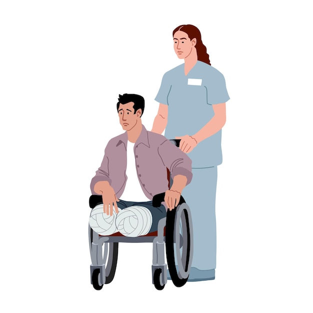 A nurse rolls a wheelchair. A legless patient. Rehabilitation after amputation.