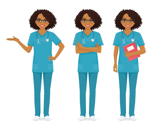 Nurse set different gestures isolated vector illustration