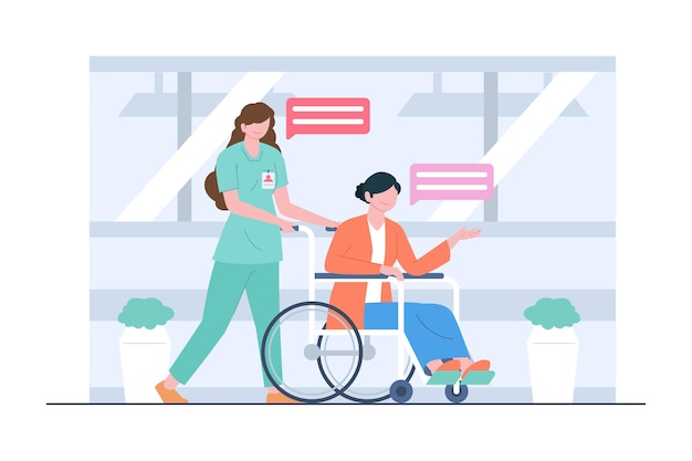 A nurse treating a patient by wheelchair scene illustration